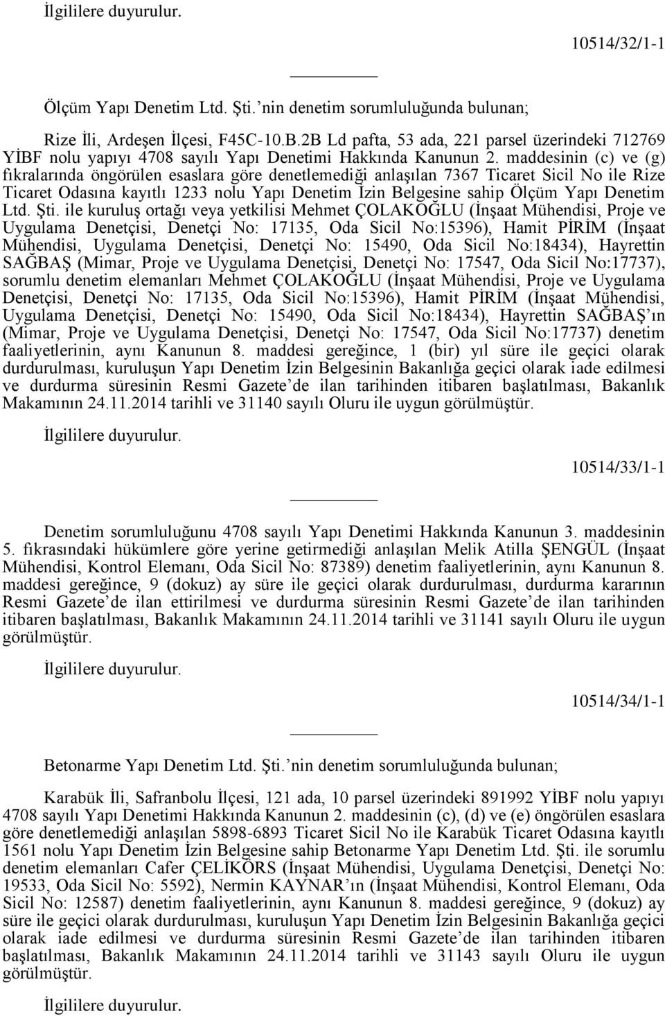 maddesinin (c) ve (g) fıkralarında öngörülen esaslara göre denetlemediği anlaşılan 7367 Ticaret Sicil No ile Rize Ticaret Odasına kayıtlı 1233 nolu Yapı Denetim İzin Belgesine sahip Ölçüm Yapı