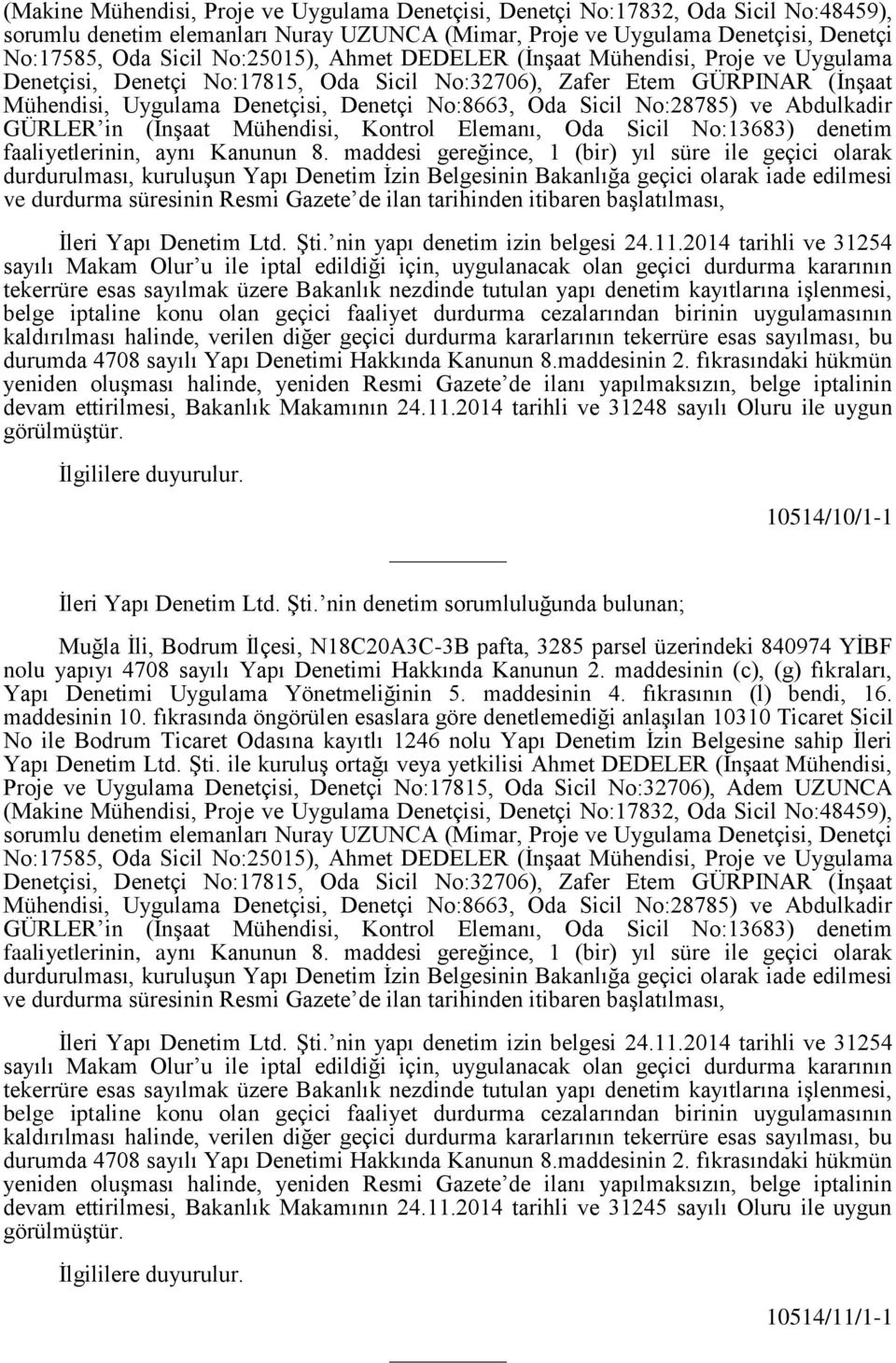 No:28785) ve Abdulkadir GÜRLER in (İnşaat Mühendisi, Kontrol Elemanı, Oda Sicil No:13683) denetim faaliyetlerinin, aynı Kanunun 8.