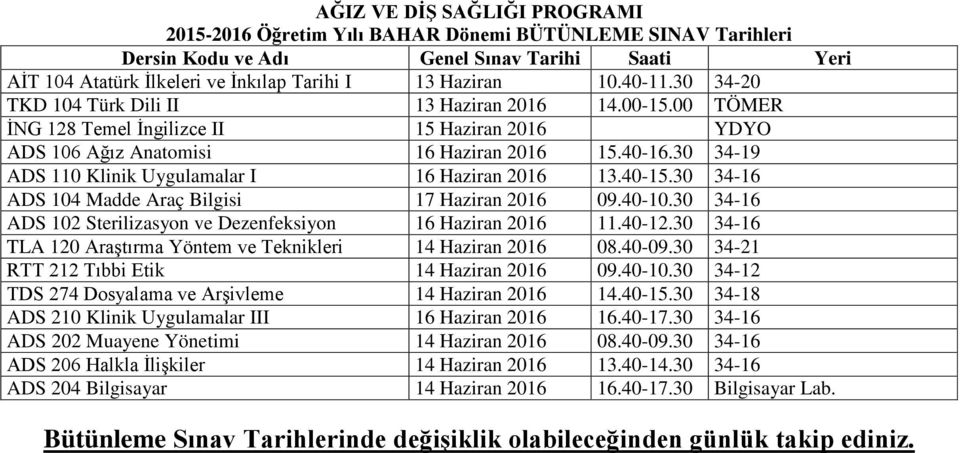 30 34-16 TLA 120 Araştırma Yöntem ve Teknikleri 14 Haziran 2016 08.40-09.30 34-21 RTT 212 Tıbbi Etik 14 Haziran 2016 09.40-10.30 34-12 TDS 274 Dosyalama ve Arşivleme 14 Haziran 2016 14.40-15.