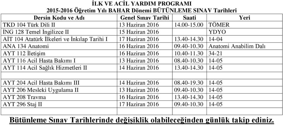 40-14.30 14-05 AYT 204 Acil Hasta Bakımı III 14 Haziran 2016 08.40-19.30 14-05 AYT 206 Mesleki Uygulama II 13 Haziran 2016 09.40-10.