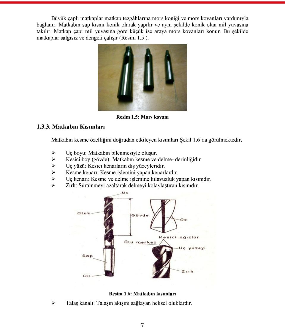 5: Mors kovanı Matkabın kesme özelliğini doğrudan etkileyen kısımları ġekil 1.6 da görülmektedir. Uç boyu: Matkabın bilenmesiyle oluģur. Kesici boy (gövde): Matkabın kesme ve delme- derinliğidir.