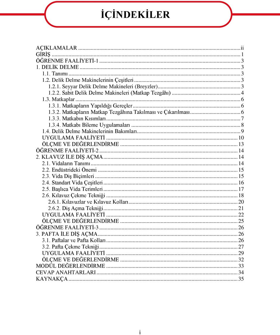 .. 7 1.3.4. Matkabı Bileme Uygulamaları... 8 1.4. Delik Delme Makinelerinin Bakımları... 9 UYGULAMA FAALĠYETĠ... 10 ÖLÇME VE DEĞERLENDĠRME... 13 ÖĞRENME FAALĠYETĠ-2... 14 2. KLAVUZ ĠLE DĠġ AÇMA... 14 2.1. Vidaların Tanımı.