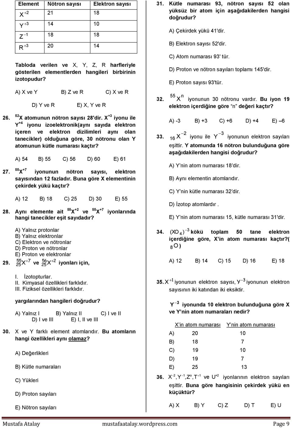 X +3 iyonu ile Y +4 iyonu izoelektronik(aynı sayıda elektron içeren ve elektron dizilimleri aynı olan tanecikler) olduğuna göre, 30 nötronu olan Y atomunun kütle numarası kaçtır?