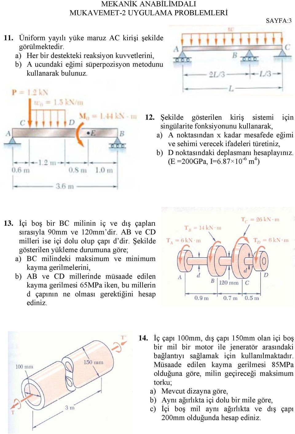 (E =200GPa, I=6.87 10-6 m 4 ) 13. İçi boş bir BC milinin iç ve dış çapları sırasıyla 90mm ve 120mm dir. AB ve CD milleri ise içi dolu olup çapı d dir.