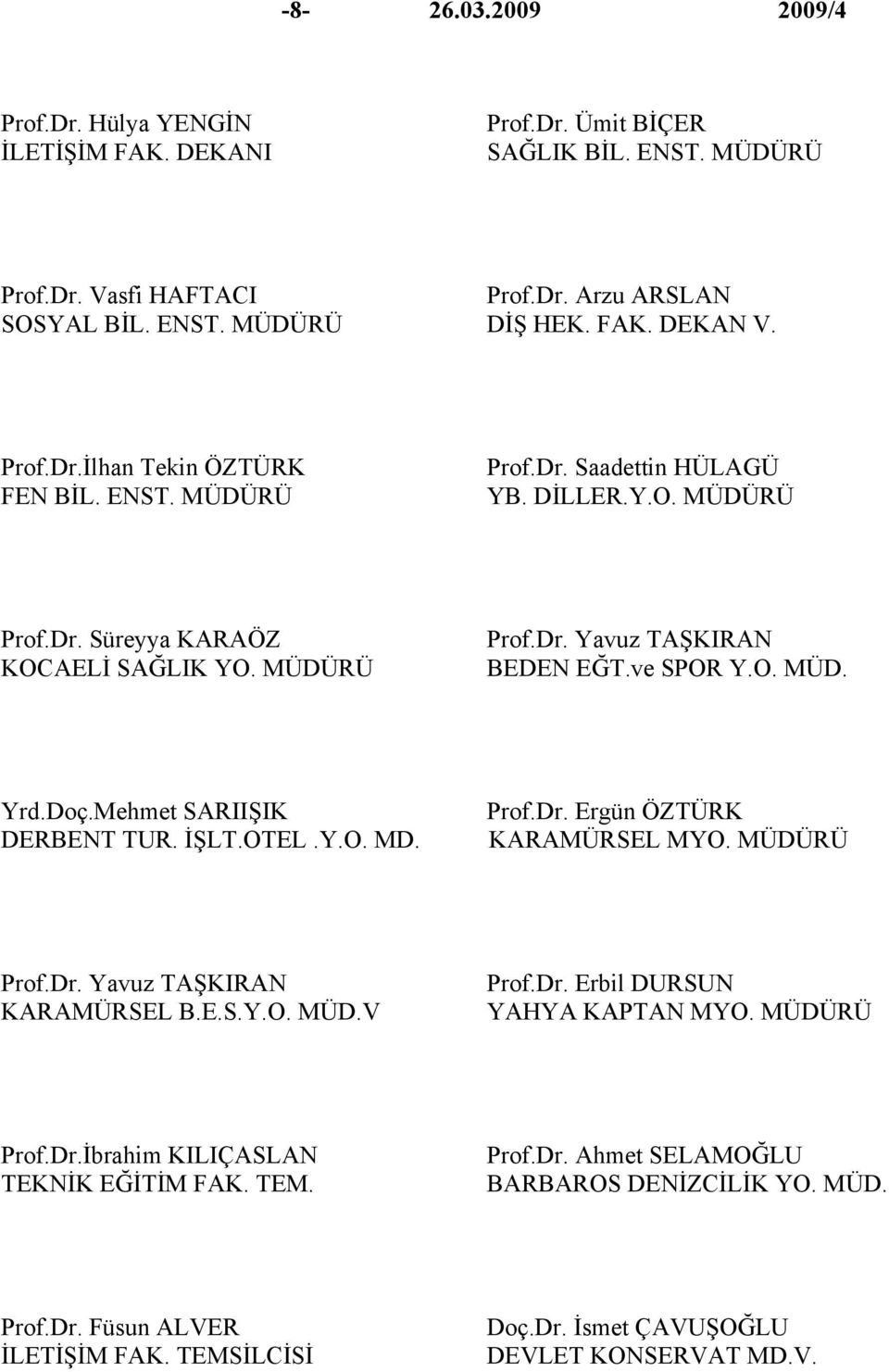 Doç.Mehmet SARIIŞIK DERBENT TUR. İŞLT.OTEL.Y.O. MD. Prof.Dr. Ergün ÖZTÜRK KARAMÜRSEL MYO. MÜDÜRÜ Prof.Dr. Yavuz TAŞKIRAN KARAMÜRSEL B.E.S.Y.O. MÜD.V Prof.Dr. Erbil DURSUN YAHYA KAPTAN MYO.