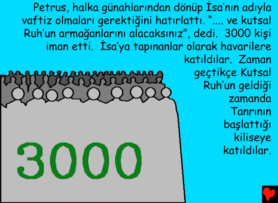 3000 kişi iman etti. İsa ya tapınanlar olarak havarilere katıldılar.