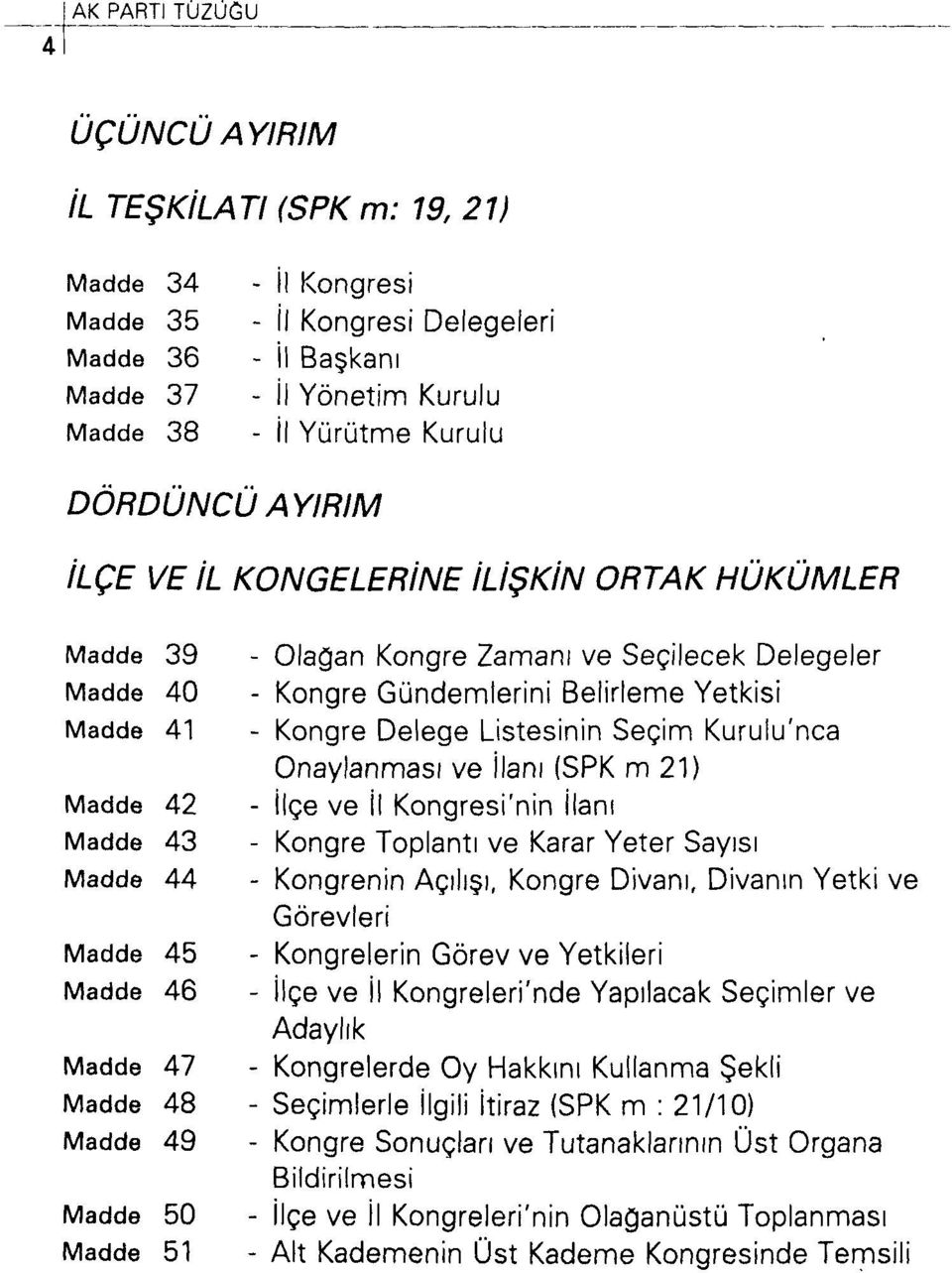 Kurulu'nca Onaylanması ve ilanı (SPK m 21) Madde 42 - ilçe ve İl Kongresi'nin ilanı Madde 43 - Kongre Toplantı ve Karar Yeter Sayısı Madde 44 - Kongrenin Açılışı, Kongre Divanı, Divanın Yetki ve