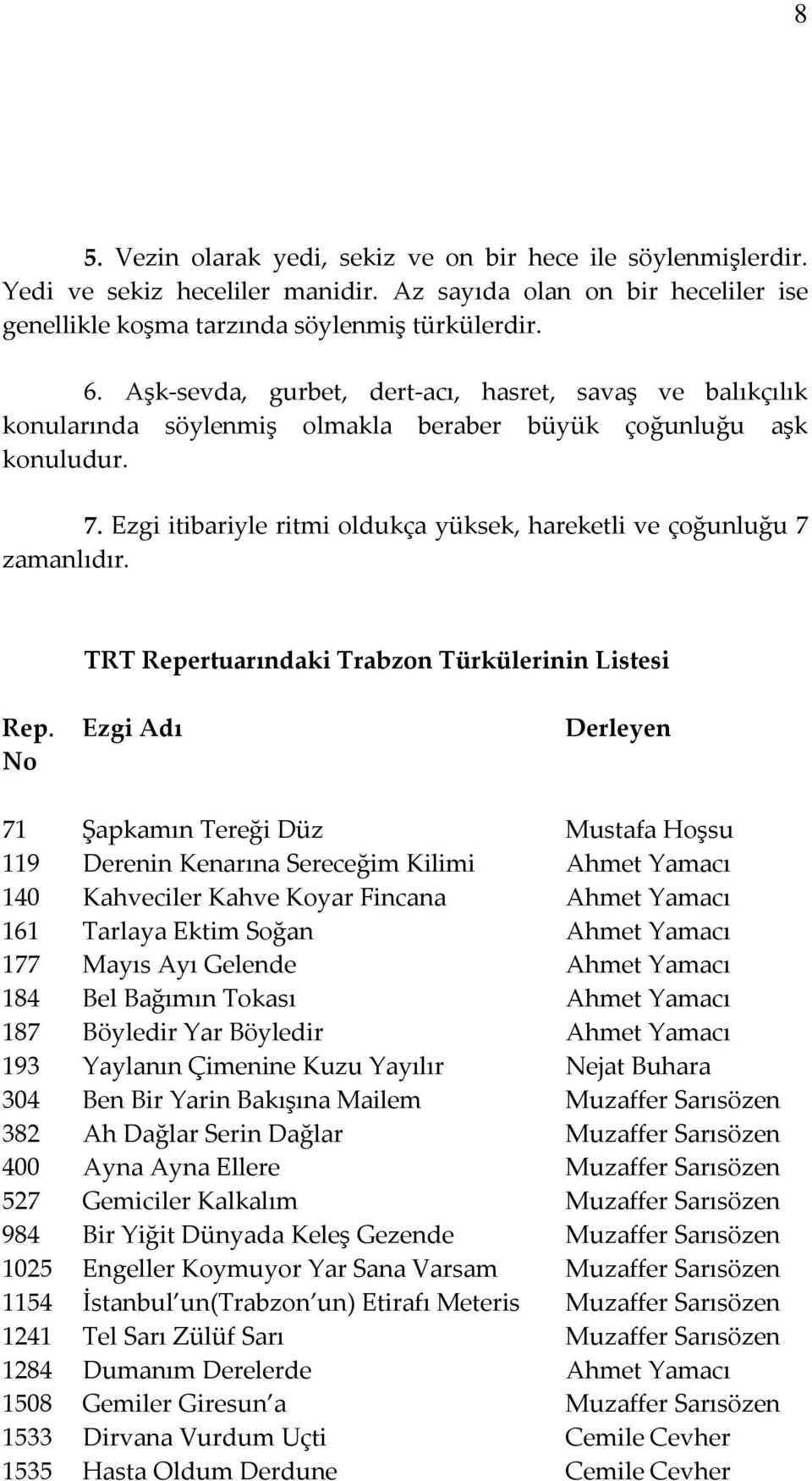 Ezgi itibariyle ritmi oldukça yüksek, hareketli ve çoğunluğu 7 zamanlıdır. TRT Repertuarındaki Trabzon Türkülerinin Listesi Rep.