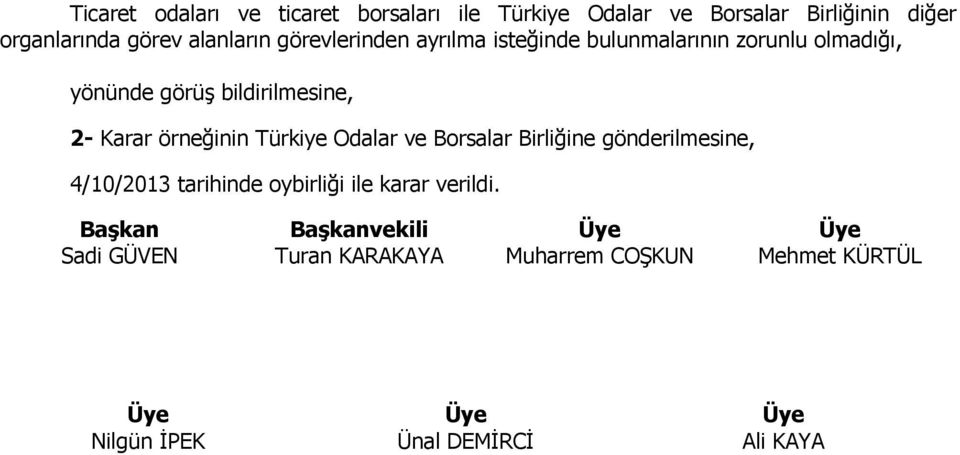 Türkiye Odalar ve Borsalar Birliğine gönderilmesine, 4/10/2013 tarihinde oybirliği ile karar verildi.