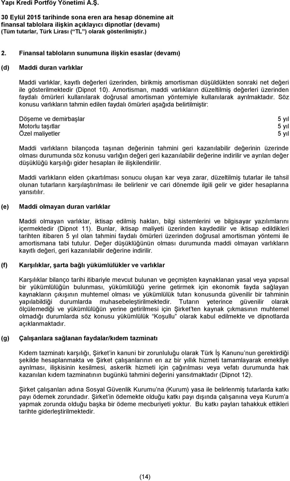 Söz konusu varlıkların tahmin edilen faydalı ömürleri aşağıda belirtilmiştir: Döşeme ve demirbaşlar Motorlu taşıtlar Özel maliyetler 5 yıl 5 yıl 5 yıl Maddi varlıkların bilançoda taşınan değerinin