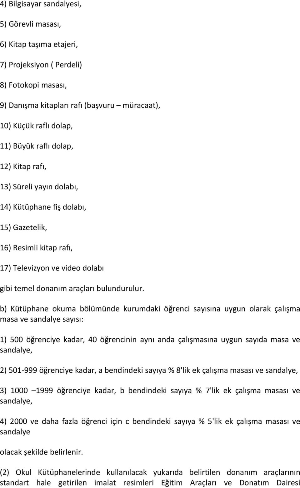 b) Kütüphane okuma bölümünde kurumdaki öğrenci sayısına uygun olarak çalışma masa ve sandalye sayısı: 1) 500 öğrenciye kadar, 40 öğrencinin aynı anda çalışmasına uygun sayıda masa ve sandalye, 2) 501