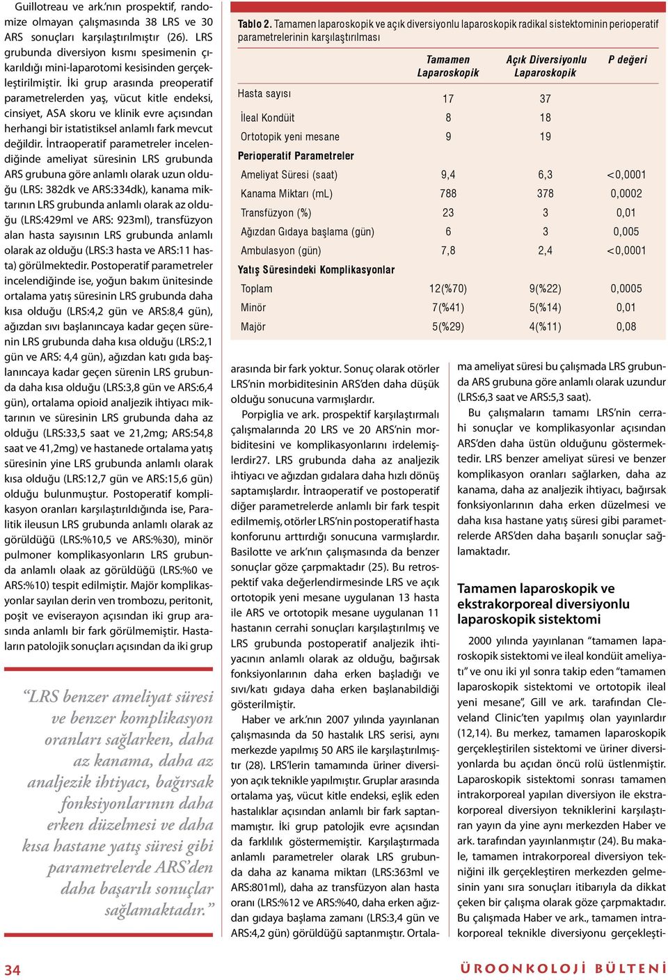 İki grup arasında preoperatif parametrelerden yaş, vücut kitle endeksi, cinsiyet, ASA skoru ve klinik evre açısından herhangi bir istatistiksel anlamlı fark mevcut değildir.