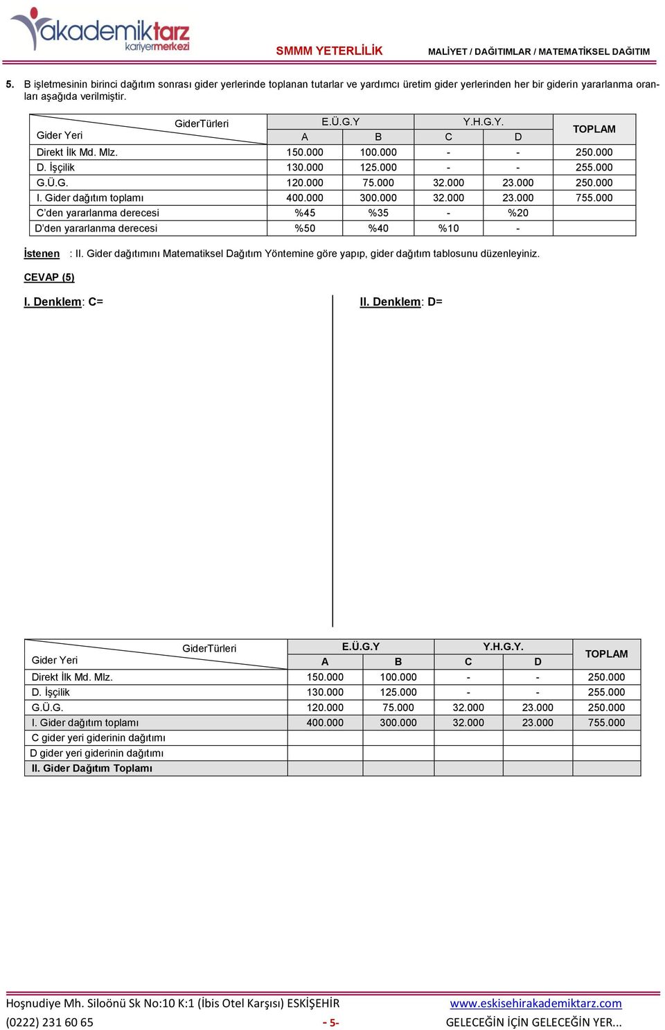 000 C den yararlanma derecesi %45 %35 - %20 D den yararlanma derecesi %50 %40 %10 - İstenen : II. Gider dağıtımını Matematiksel Dağıtım Yöntemine göre yapıp, gider dağıtım tablosunu düzenleyiniz.