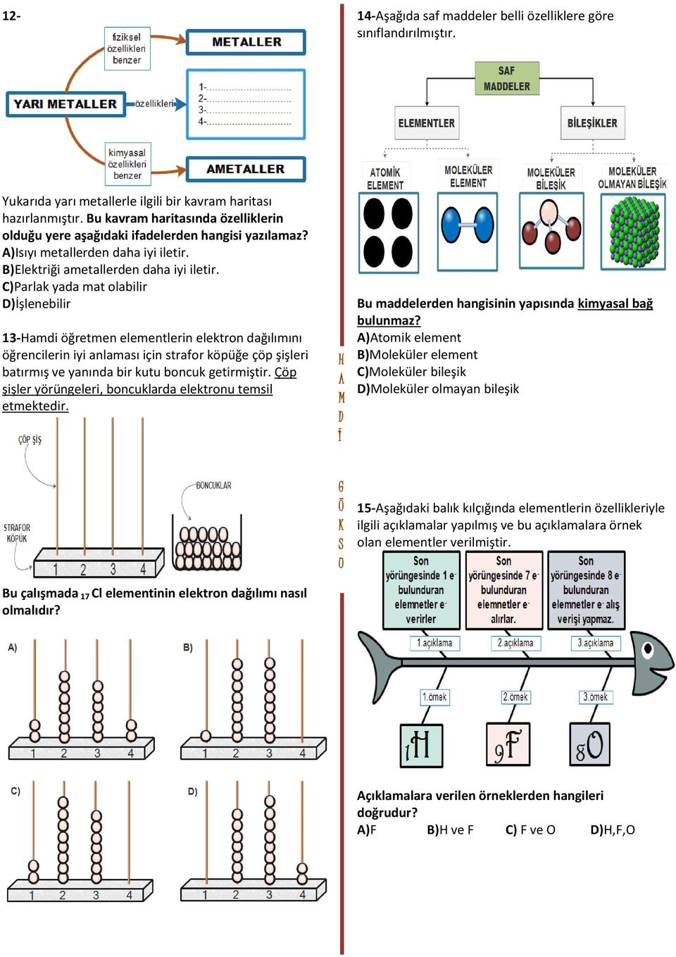 C)Parlak yada mat olabilir )şlenebilir 13-amdi öğretmen elementlerin elektron dağılımını öğrencilerin iyi anlaması için strafor köpüğe çöp şişleri batırmış ve yanında bir kutu boncuk getirmiştir.