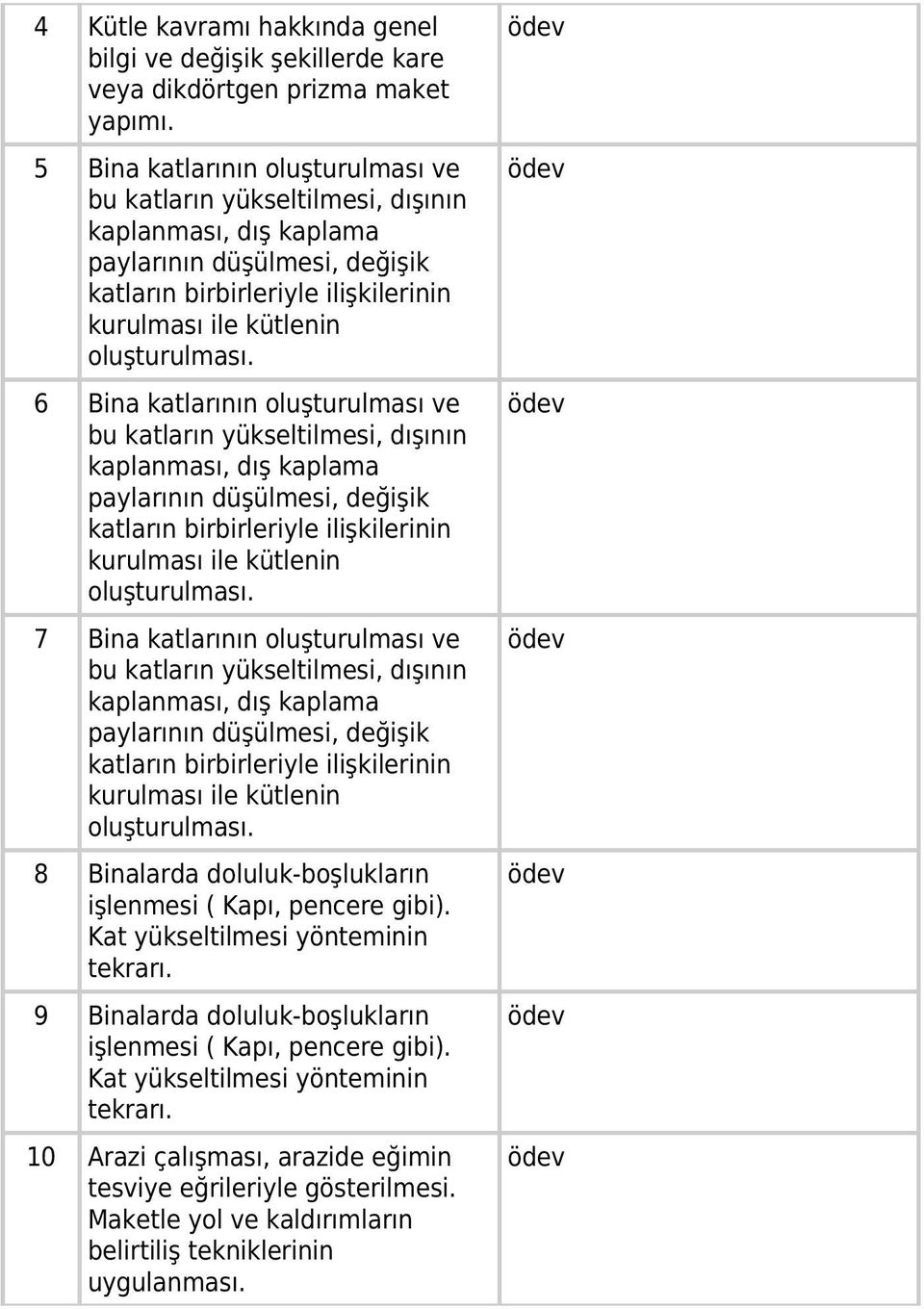 6 Bina katlarının oluşturulması ve bu katların yükseltilmesi, dışının kaplanması, dış kaplama paylarının düşülmesi, değişik katların birbirleriyle ilişkilerinin kurulması ile kütlenin oluşturulması.