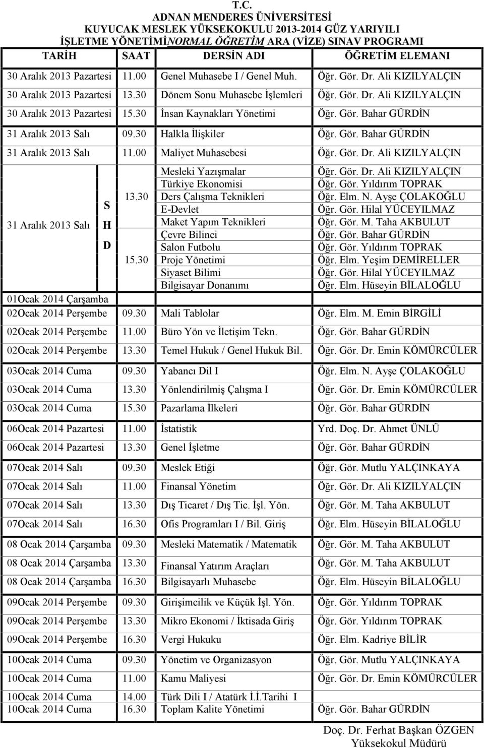 00 Maliyet Muhasebesi Türkiye Ekonomisi S 13.30 Ders Çalışma Teknikleri Öğr. Elm. N. Ayşe ÇOLAKOĞLU Çevre Bilinci D Salon Futbolu 15.30 Proje Yönetimi Bilgisayar Donanımı Öğr. Elm. Hüseyin BİLALOĞLU 02Ocak 2014 Perşembe 09.