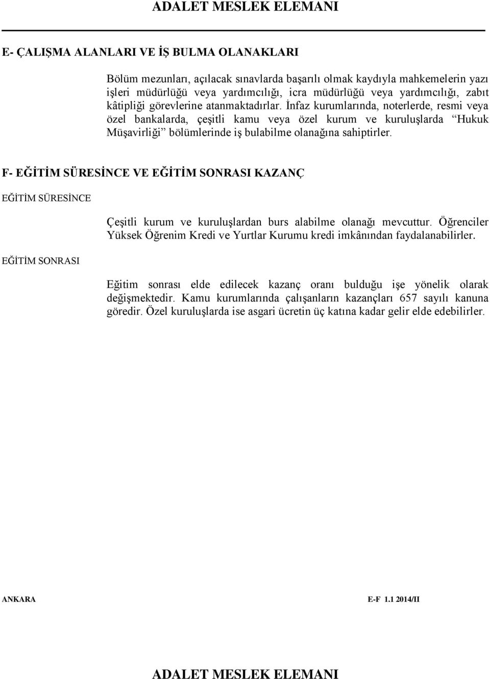 İnfaz kurumlarında, noterlerde, resmi veya özel bankalarda, çeşitli kamu veya özel kurum ve kuruluşlarda Hukuk Müşavirliği bölümlerinde iş bulabilme olanağına sahiptirler.