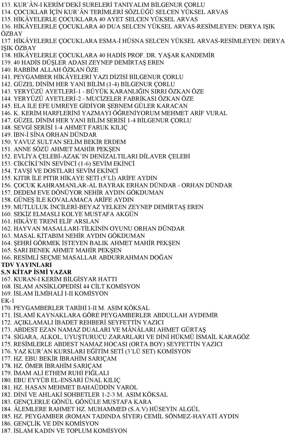 YAŞAR KANDEMİR 139. 40 HADİS DÜŞLER ADASI ZEYNEP DEMİRTAŞ EREN 140. RABBİM ALLAH ÖZKAN ÖZE 141. PEYGAMBER HİKÂYELERİ YAZI DİZİSİ BİLGENUR ÇORLU 142.