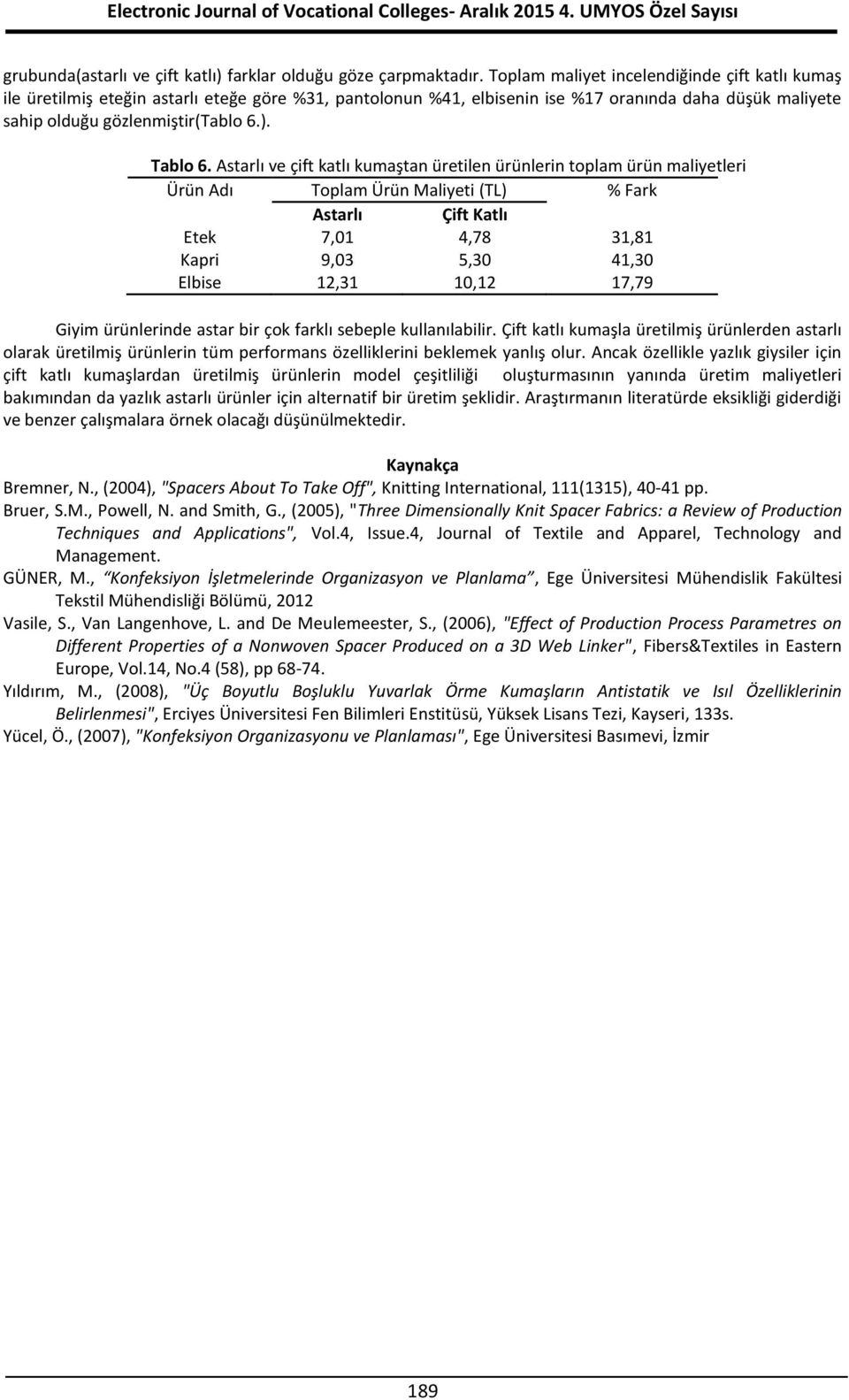 Astarlı ve çift katlı kumaştan üretilen ürünlerin toplam ürün maliyetleri Ürün Adı Toplam Ürün Maliyeti (TL) % Fark Astarlı Çift Katlı Etek 7,01 4,78 31,81 Kapri 9,03 5,30 41,30 Elbise 12,31 10,12