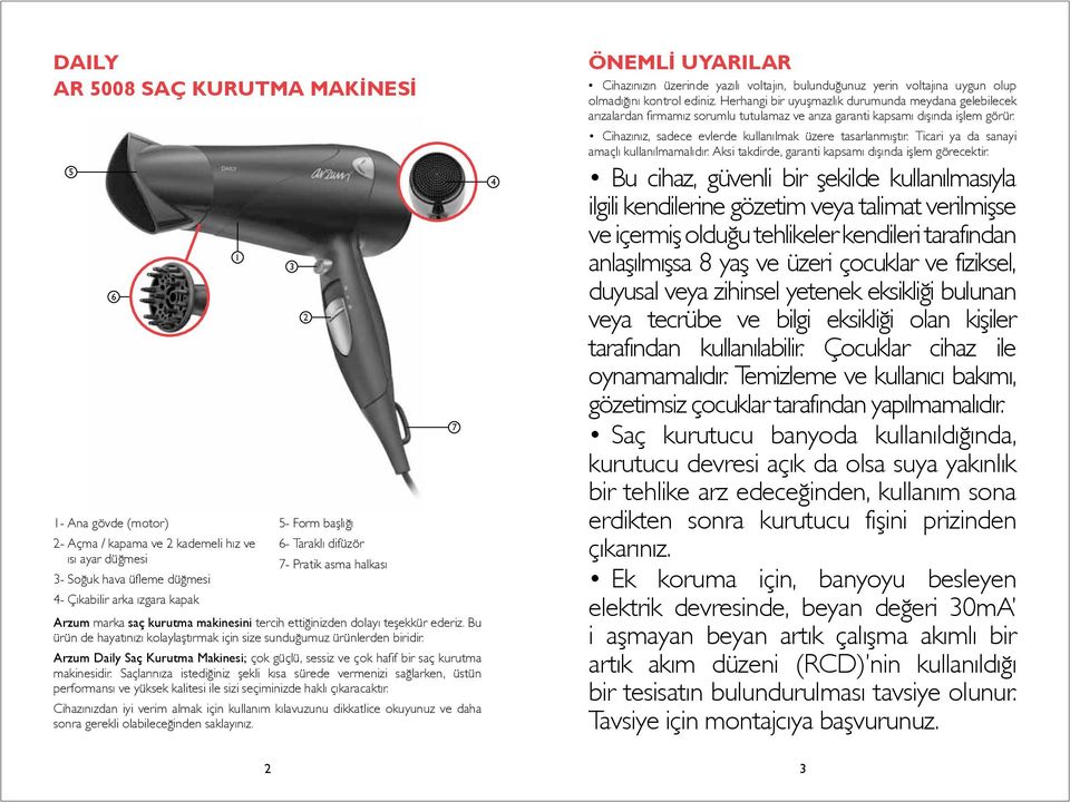 Arzum Daily Saç Kurutma Makinesi; çok güçlü, sessiz ve çok hafif bir saç kurutma makinesidir.