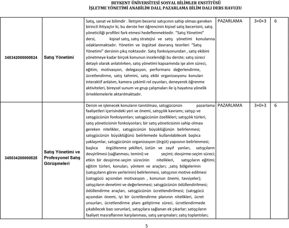 hedeflenmektedir. Satış Yönetimi dersi, kişisel satış, satış stratejisi ve satış yönetimi konularına odaklanmaktadır. Yönetim ve örgütsel davranış teorileri Satış Yönetimi dersinin çıkış noktasıdır.