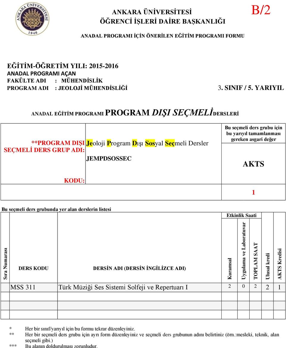 Seçmeli Dersler JEMPDSOSSEC TOPLAM SAAT Kredisi MSS 3 Türk Müziği Ses Sistemi Solfeji ve Repertuarı I 2 0 2 2 * Her bir sınıf/yarıyıl