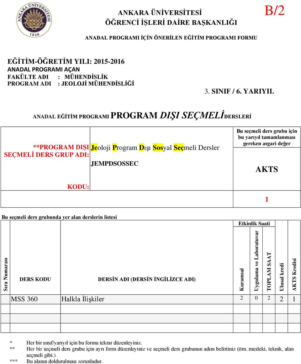 Sosyal Seçmeli Dersler JEMPDSOSSEC TOPLAM SAAT Kredisi MSS 360 Halkla İlişkiler 2 0 2 2 * Her bir sınıf/yarıyıl için bu formu