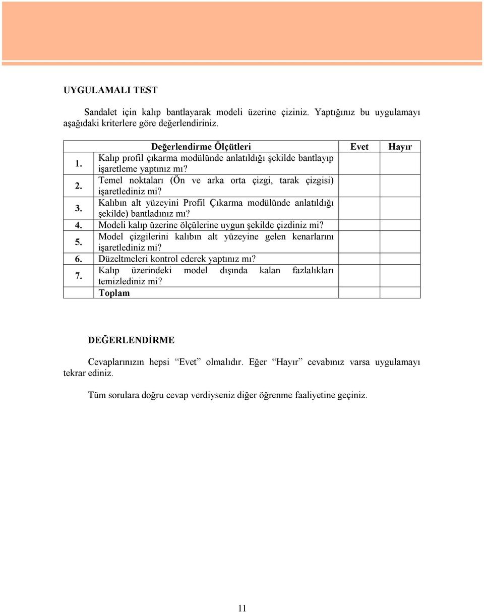 Kalıbın alt yüzeyini Profil Çıkarma modülünde anlatıldığı şekilde) bantladınız mı? 4. Modeli kalıp üzerine ölçülerine uygun şekilde çizdiniz mi? 5.