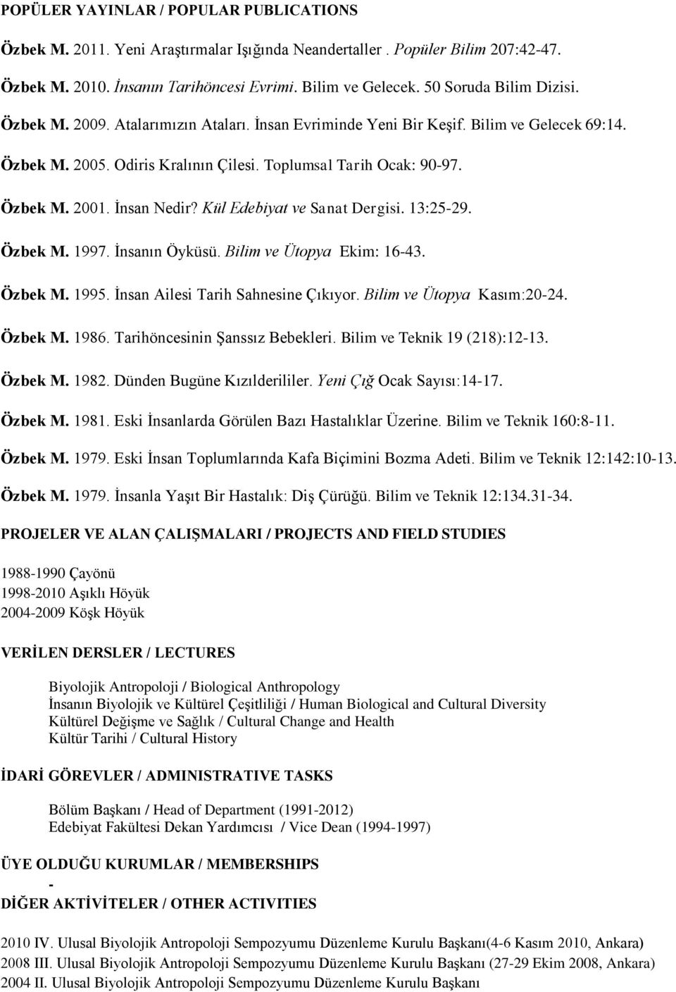 İnsan Nedir? Kül Edebiyat ve Sanat Dergisi. 13:25-29. Özbek M. 1997. İnsanın Öyküsü. Bilim ve Ütopya Ekim: 16-43. Özbek M. 1995. İnsan Ailesi Tarih Sahnesine Çıkıyor. Bilim ve Ütopya Kasım:20-24.