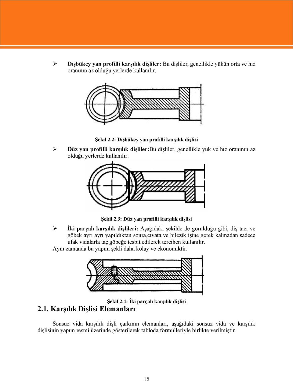 3: Düz yan profilli karşılık dişlisi İki parçalı karşılık dişlileri: Aşağıdaki şekilde de görüldüğü gibi, diş tacı ve göbek ayrı ayrı yapıldıktan sonra,cıvata ve bilezik işine gerek kalmadan sadece