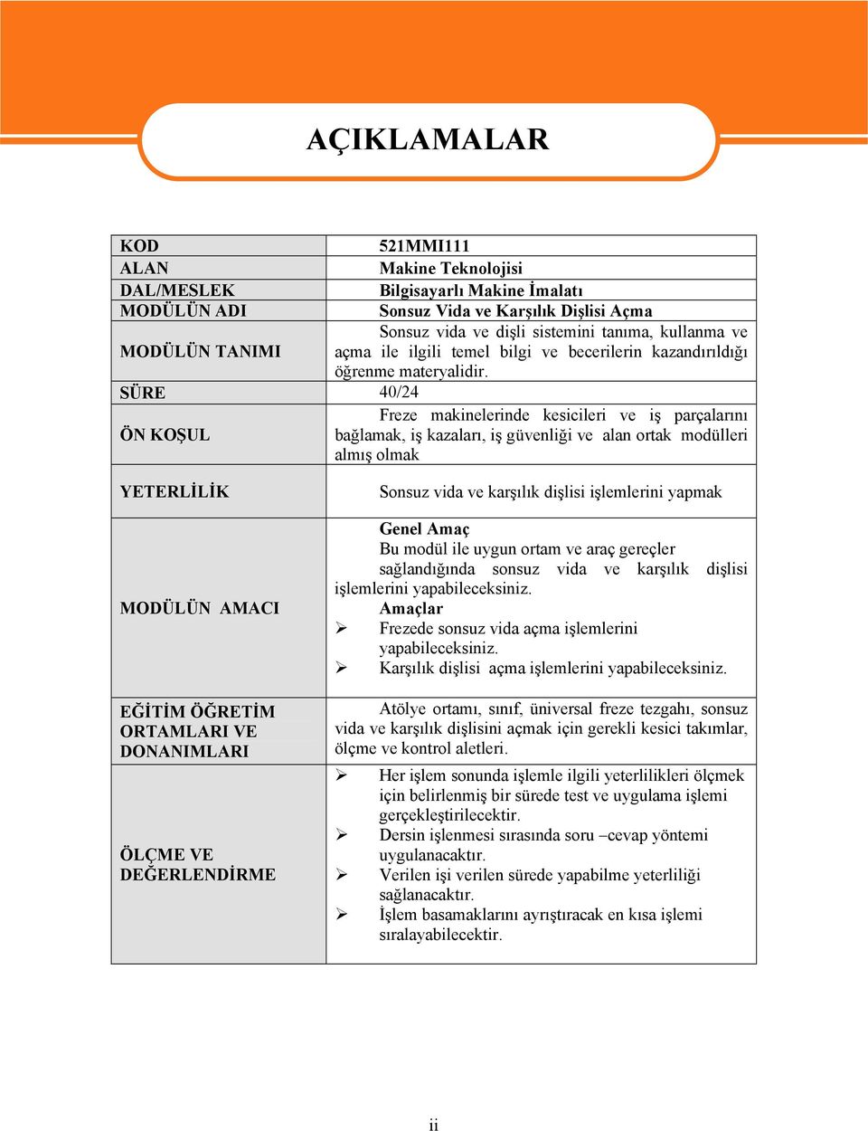 SÜRE 40/24 Freze makinelerinde kesicileri ve iş parçalarını ÖN KOŞUL bağlamak, iş kazaları, iş güvenliği ve alan ortak modülleri almış olmak YETERLİLİK MODÜLÜN AMACI EĞİTİM ÖĞRETİM ORTAMLARI VE