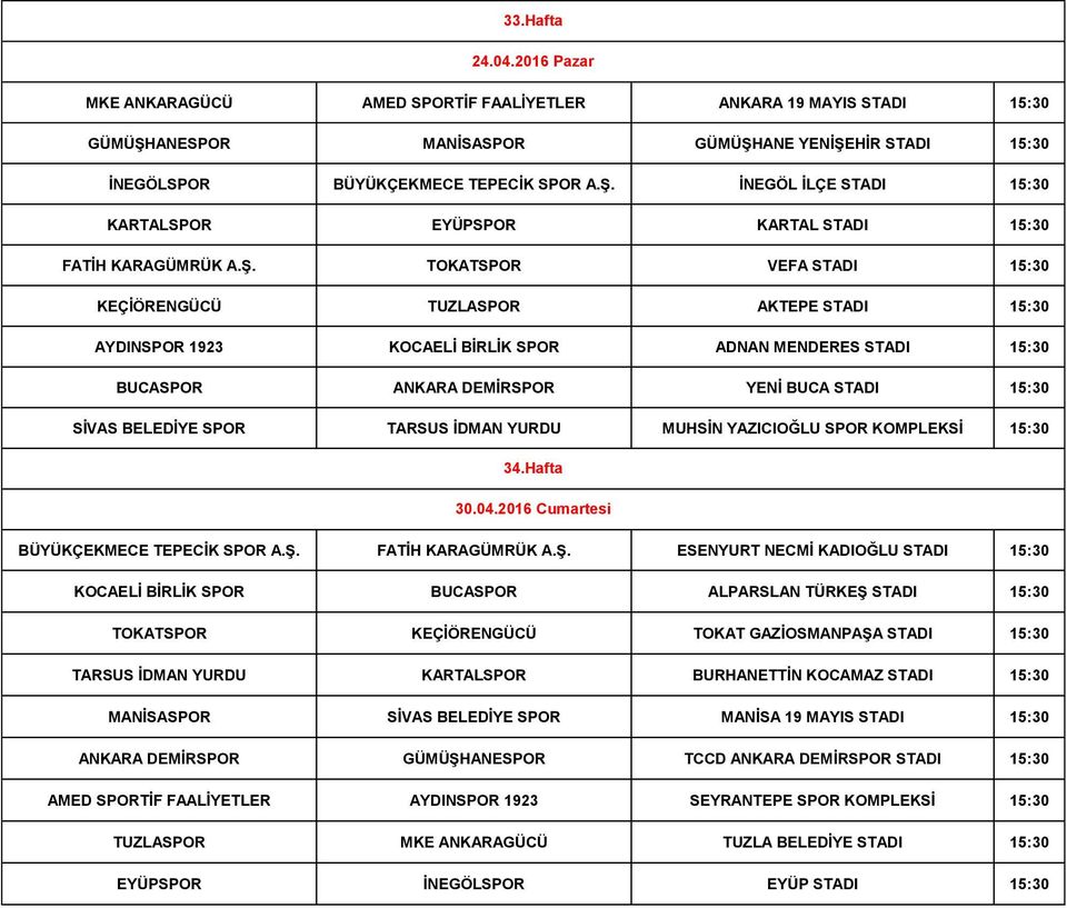 SPOR TARSUS İDMAN YURDU MUHSİN YAZICIOĞLU SPOR KOMPLEKSİ 15:30 34.Hafta 30.04.2016 Cumartesi BÜYÜKÇEKMECE TEPECİK SPOR A.Ş.