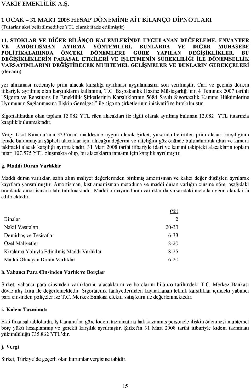 karşılığı ayrılması uygulamasına son verilmiştir. Ca