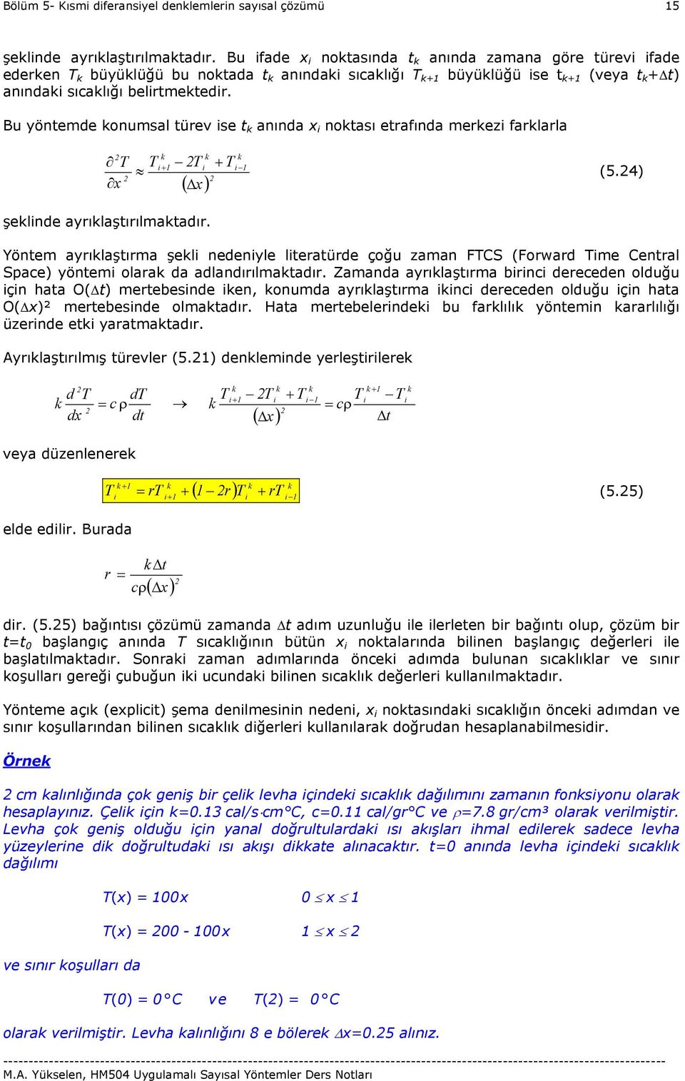 B yöntemde onmsal türev se t anında notası etrafında merez farlarla T T T ( ) T (5.4) şelnde ayrılaştırılmatadır.