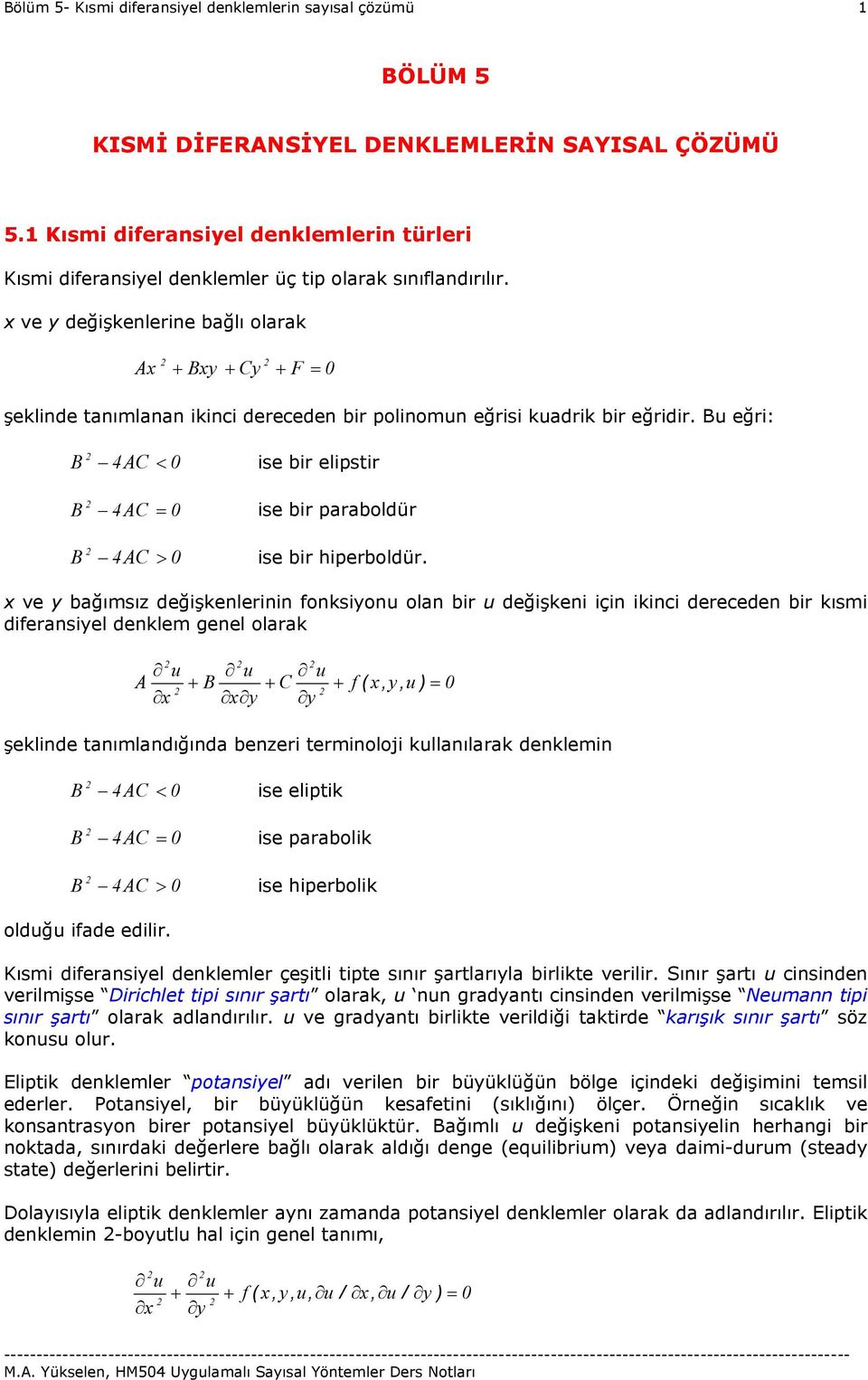 ve y bağımsız değşenlernn fonsyon olan br değşen çn nc dereceden br ısm dferansyel denlem genel olara A B y C y f ( y ) şelnde tanımlandığında benzer termnolo llanılara denlemn B 4 AC < se elpt B 4