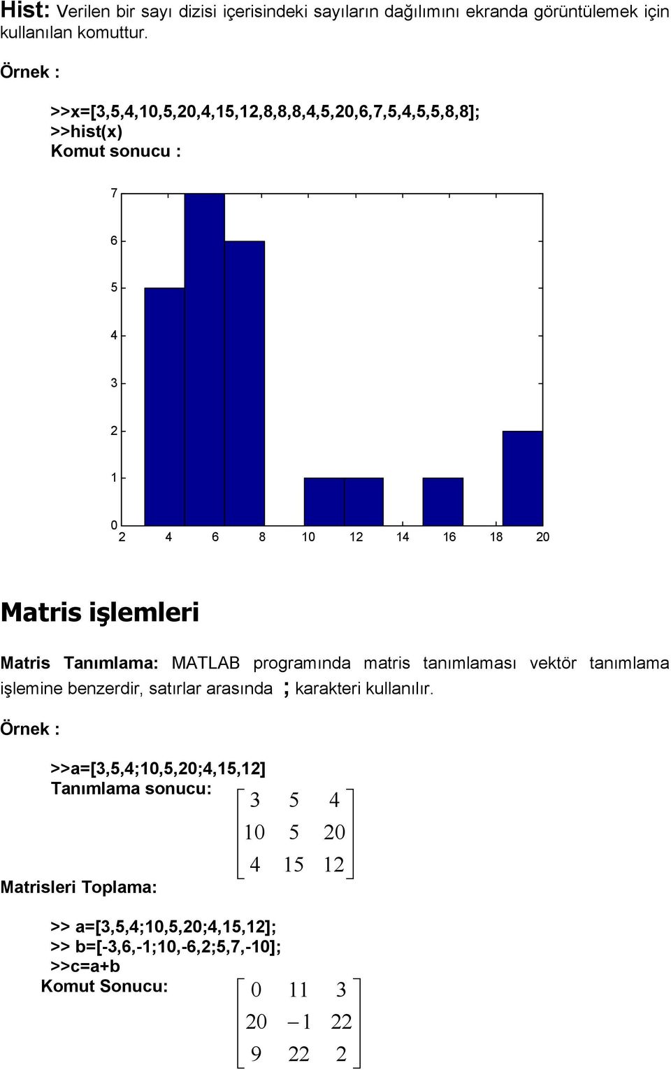 Tanımlama: MATLAB programında matris tanımlaması vektör tanımlama işlemine benzerdir, satırlar arasında ; karakteri