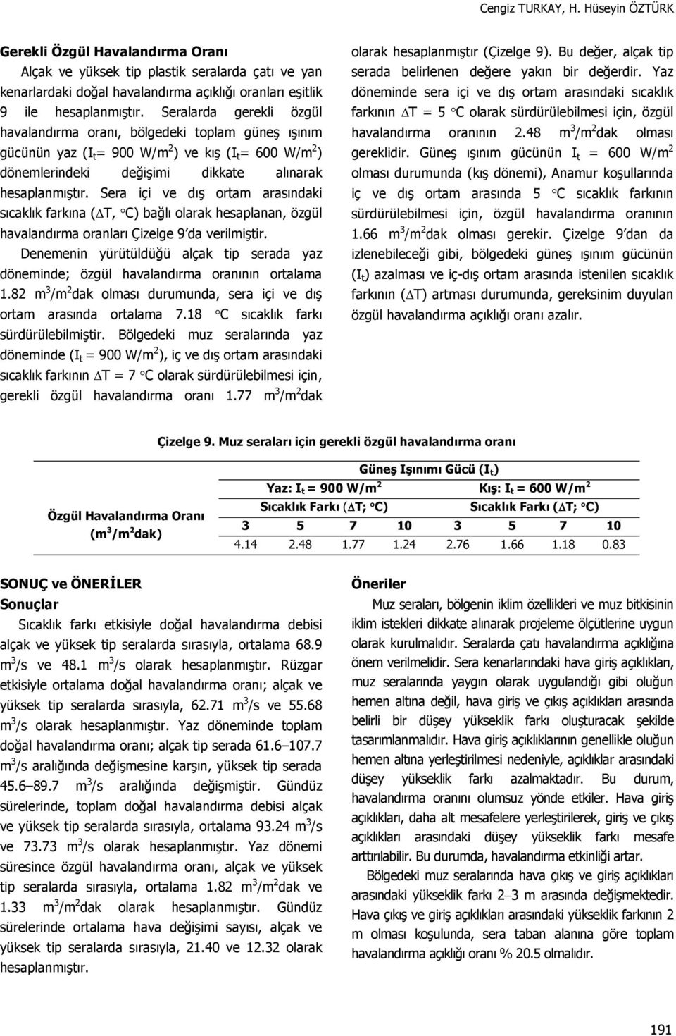 Sera içi ve dış ortam arasındaki sıcaklık farkına ( T, C) bağlı olarak hesaplanan, özgül havalandırma oranları Çizelge 9 da verilmiştir.