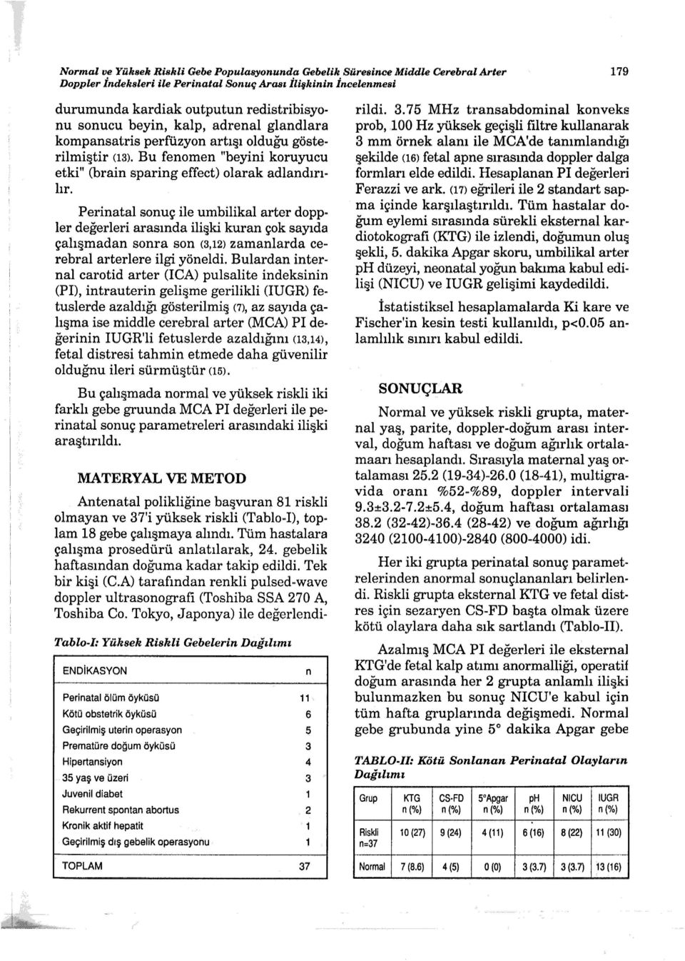 Perinatal sonuç ile umbilikal arter dopp ler değerleri arasında ilişki kuran çok sayıda çalışmadan sonra son (3,12) zamanlarda cerebral arterlere ilgi yöneldi.