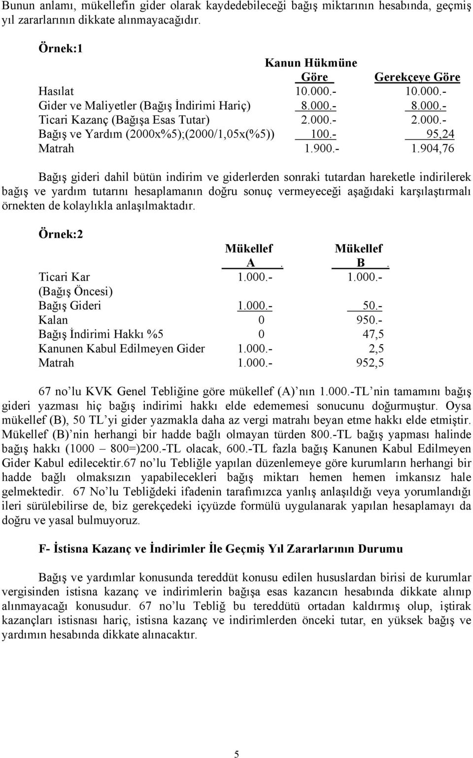 Bağış gideri dahil bütün indirim ve giderlerden sonraki tutardan hareketle indirilerek bağış ve yardım tutarını hesaplamanın doğru sonuç vermeyeceği aşağıdaki karşılaştırmalı örnekten de kolaylıkla