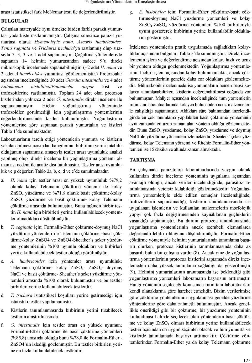 Çalışma süresince parazit yumurtası olarak Hymenolepis nana, Ascaris lumbricoides, Tenia saginata ve Trichuris trichura ya rastlanmış olup sırasıyla 7, 3, 3 ve 1 adet saptanmıştır.