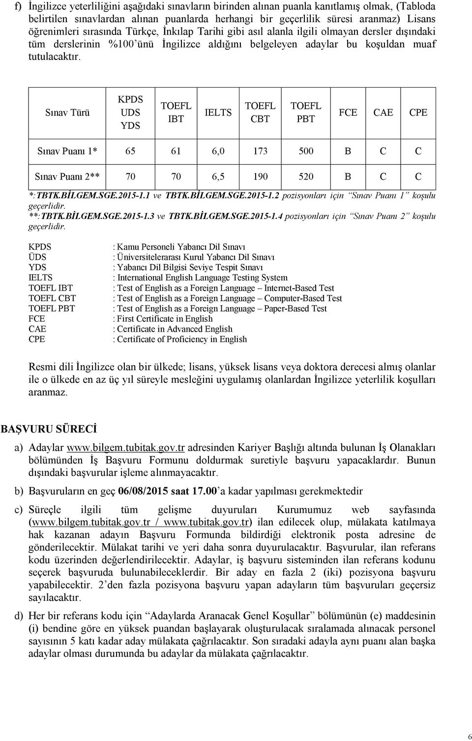 Sınav Türü KPDS UDS YDS TOEFL IBT IELTS TOEFL CBT TOEFL PBT FCE CAE CPE Sınav Puanı 1* 65 61 6,0 173 500 B C C Sınav Puanı 2** 70 70 6,5 190 520 B C C *:TBTK.BİLGEM.SGE.2015-1.