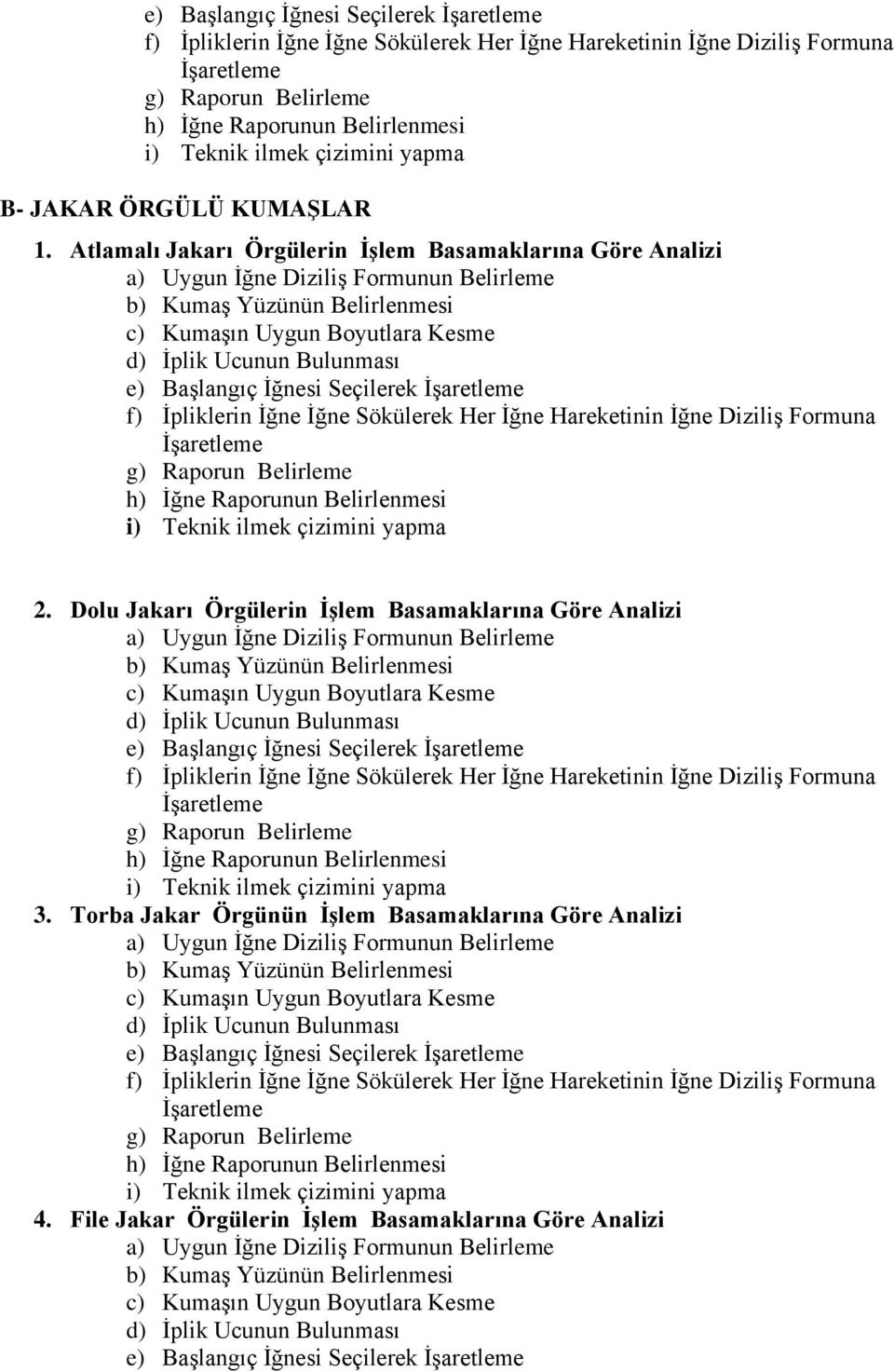 Atlamalı Jakarı Örgülerin ĠĢlem Basamaklarına Göre Analizi a) Uygun Ġğne DiziliĢ Formunun Belirleme b) KumaĢ Yüzünün Belirlenmesi c) KumaĢın Uygun Boyutlara Kesme d) Ġplik Ucunun Bulunması  çizimini