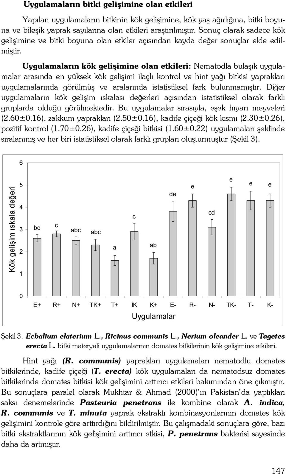 Uygulamaların kök gelişimine olan etkileri: Nematodla bulaşık uygulamalar arasında en yüksek kök gelişimi ilaçlı kontrol ve hint yağı bitkisi yaprakları uygulamalarında görülmüş ve aralarında