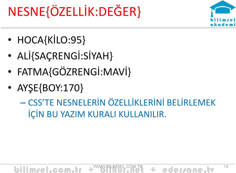 AYŞE{BOY:170} CSS TE NESNELERİN ÖZELLİKLERİNİ