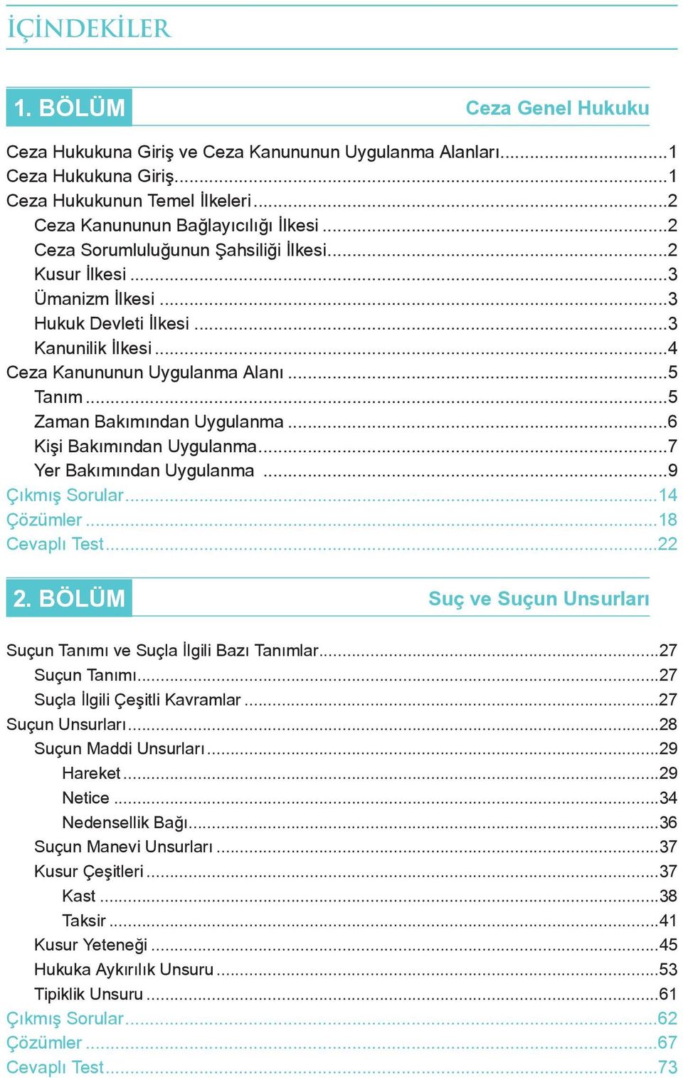 ..6 Kişi Bakımından Uygulanma...7 Yer Bakımından Uygulanma...9 Çıkmış Sorular...14 Çözümler...18 Cevaplı Test...22 2. BÖLÜM Suç ve Suçun Unsurları Suçun Tanımı ve Suçla İlgili Bazı Tanımlar.