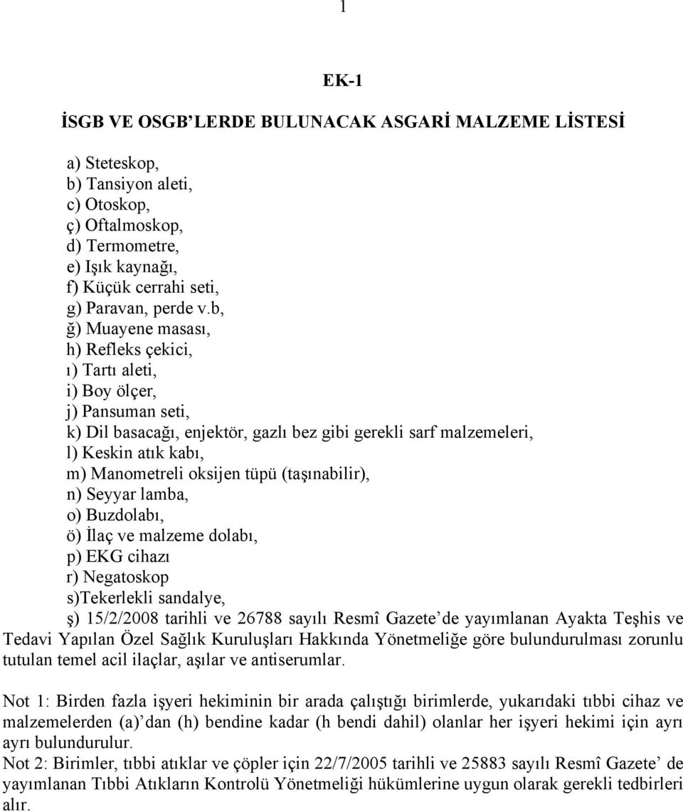 oksijen tüpü (taşınabilir), n) Seyyar lamba, o) Buzdolabı, ö) İlaç ve malzeme dolabı, p) EKG cihazı r) Negatoskop s)tekerlekli sandalye, ş) 15/2/2008 tarihli ve 26788 sayılı Resmî Gazete de