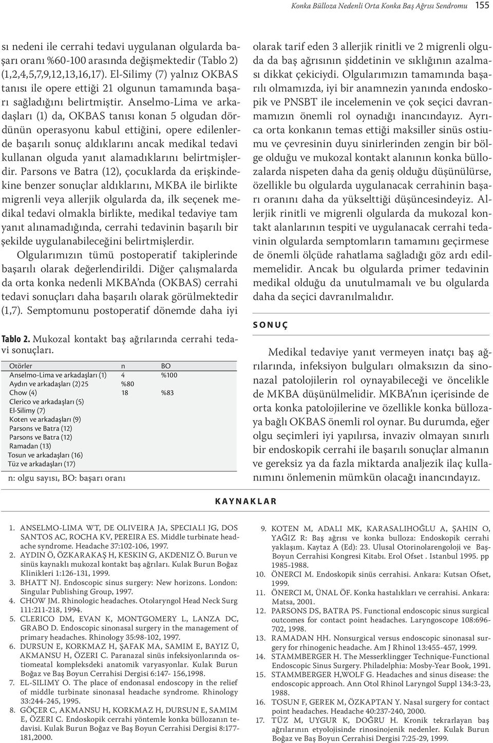 Anselmo-Lima ve arkadaşları (1) da, OKBAS tanısı konan 5 olgudan dördünün operasyonu kabul ettiğini, opere edilenlerde başarılı sonuç aldıklarını ancak medikal tedavi kullanan olguda yanıt