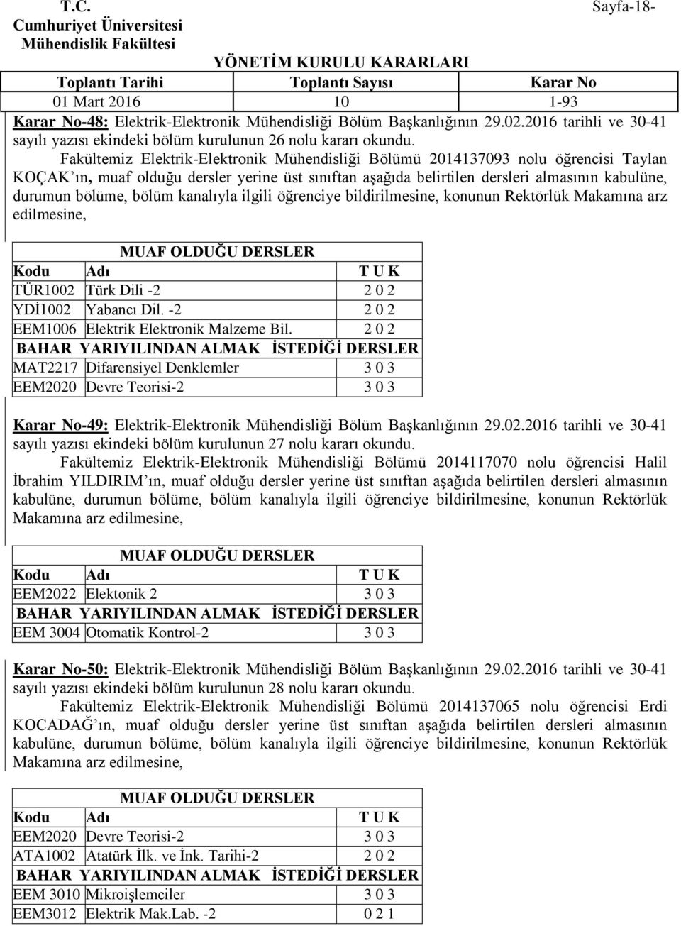 bölüm kanalıyla ilgili öğrenciye bildirilmesine, konunun Rektörlük Makamına arz edilmesine, TÜR1002 Türk Dili -2 2 0 2 YDİ1002 Yabancı Dil. -2 2 0 2 EEM1006 Elektrik Elektronik Malzeme Bil.