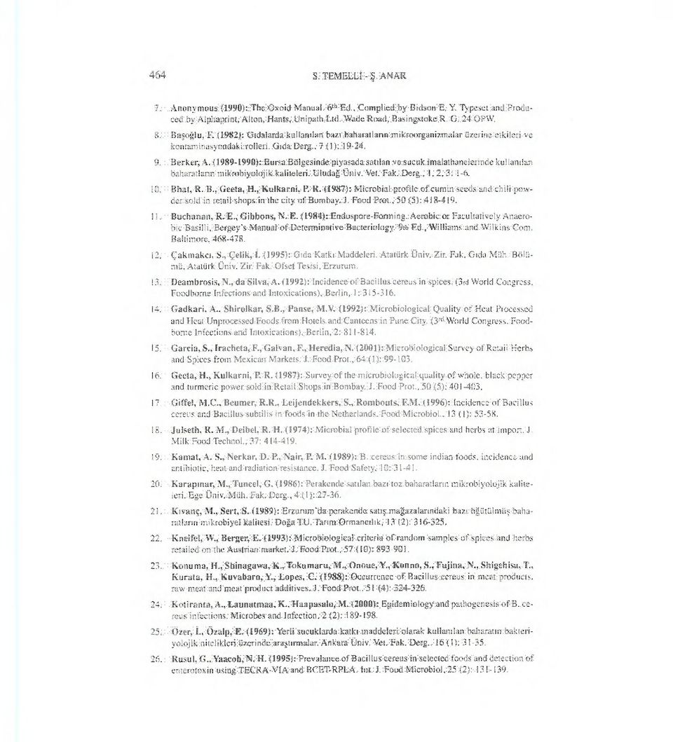 (1989-1990): Bursa Bölgesinde piyasada satılan ve sucuk imalathanelerinde kullanılan baharatların mikrobiyolojik kaliteleri. Uludağ Üniv. Vet. Fak. Derg., 1, 2, 3: 1-6. 10. Bhat, R. B., Geeta, H.