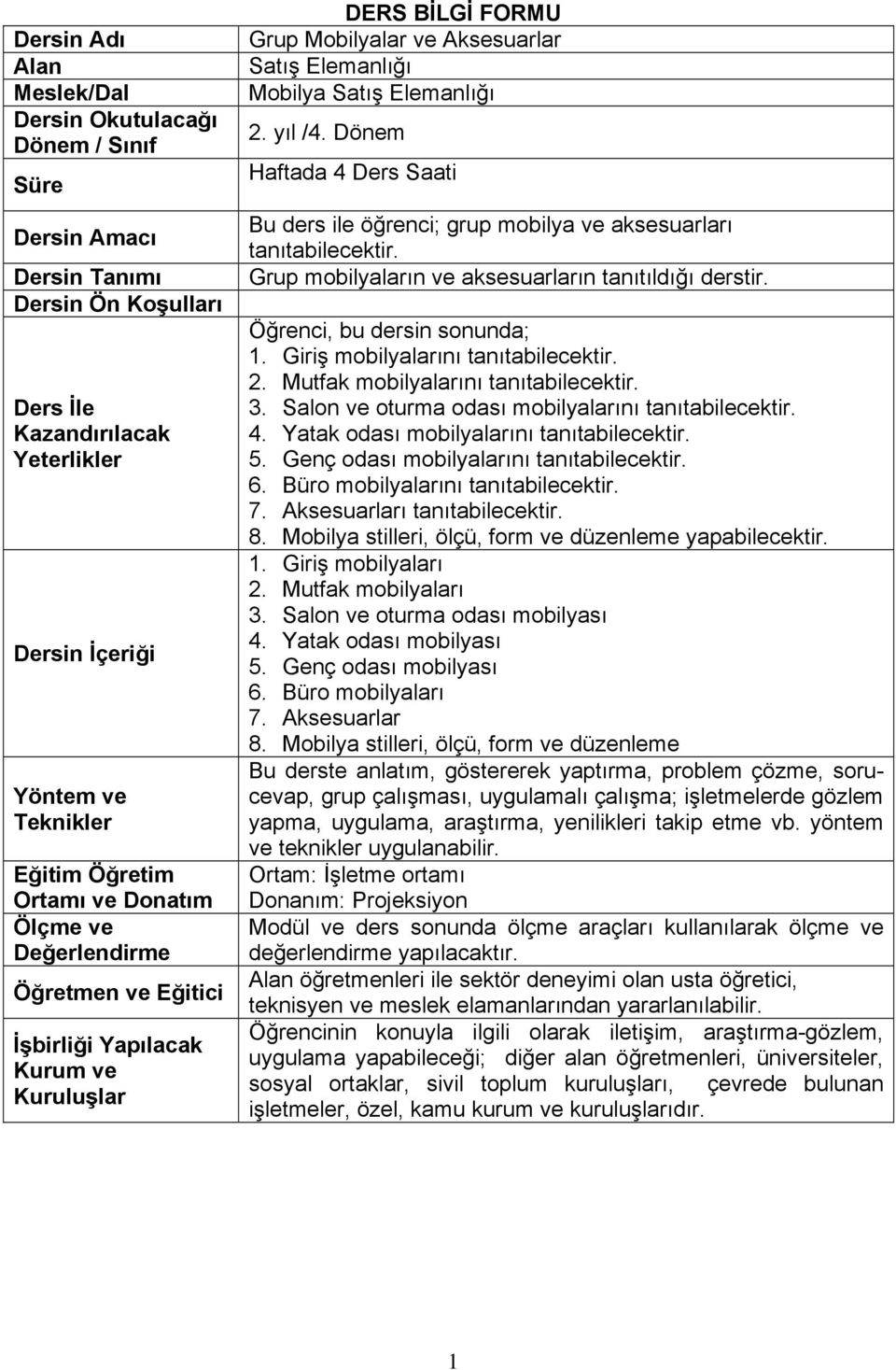 Dönem Haftada 4 Ders Saati Bu ders ile öğrenci; grup mobilya ve aksesuarları Grup mobilyaların ve aksesuarların tanıtıldığı derstir. Öğrenci, bu dersin sonunda; 1. Giriş mobilyalarını 2.